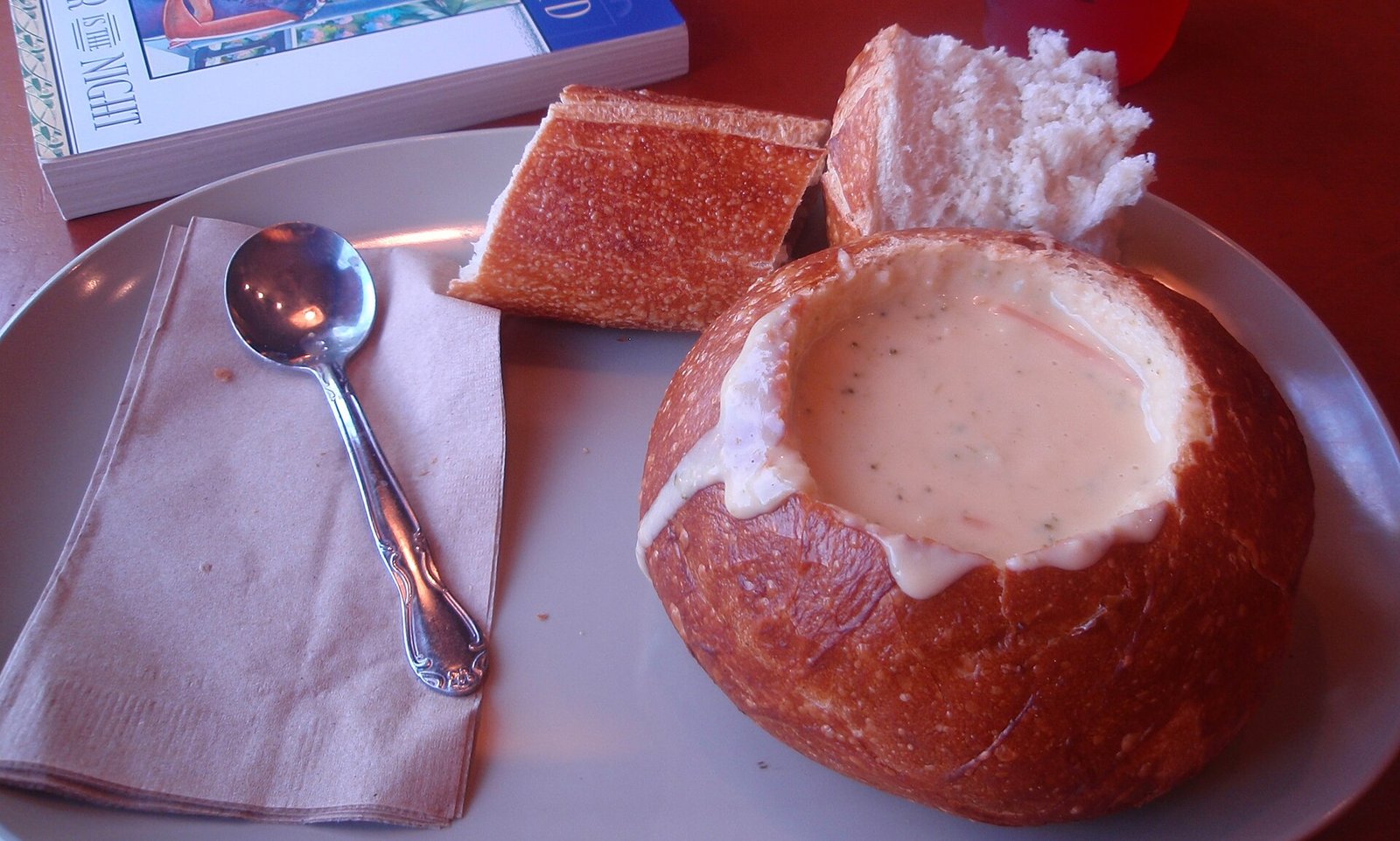 Panera Bread Broccoli Cheddar Soup served hot